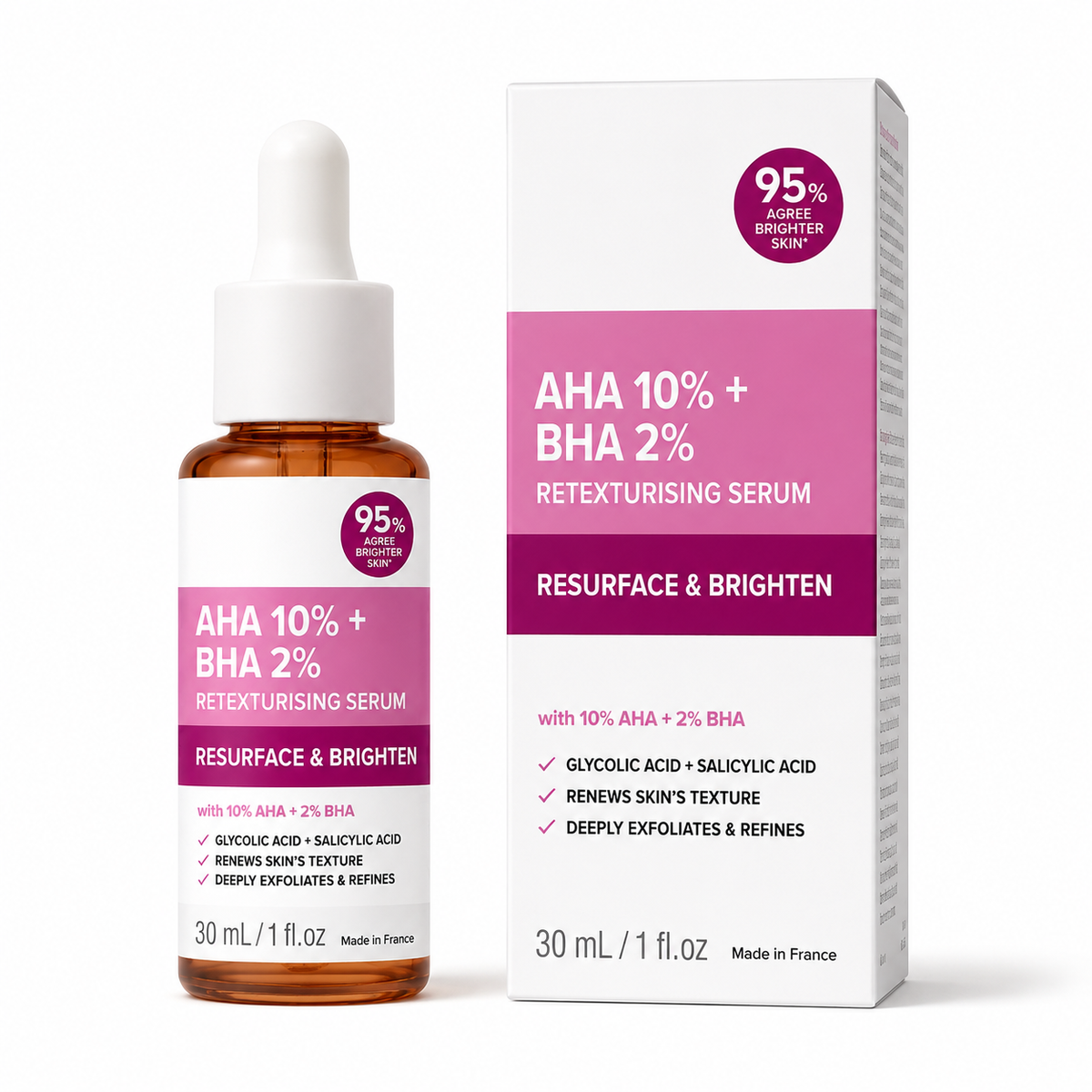 AHA 10% + BHA 2% Retexturising Serum – Resurface & Brighten, 30ml